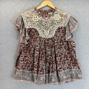 Anthro Othilia Malia Floral Lace Top Ruffle Blouse‎ Bohemian Cottagecore Size L